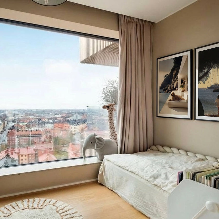 Modern bedroom with large window offering city view, bed, and decorative elements.