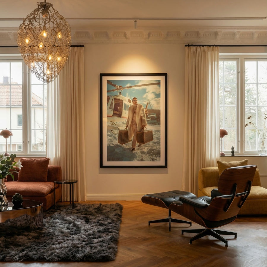 Living room with a chandelier, sofa, ottoman, and wall art.