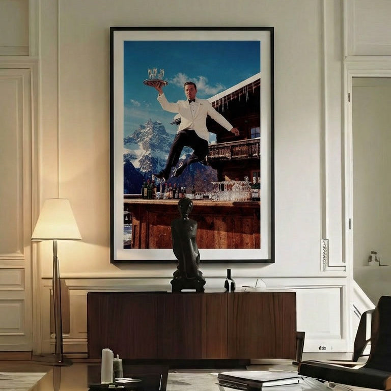 Modern living room with a large framed picture of a man on a horse.