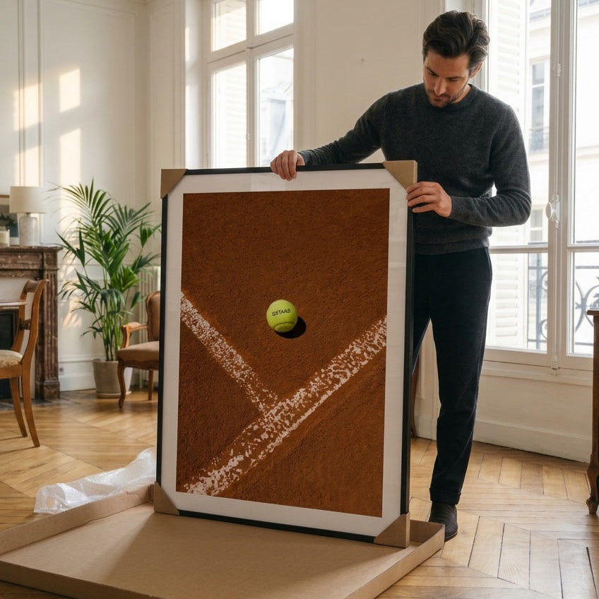 Man holding a large framed artwork of a tennis court with a tennis ball on a wooden floor.