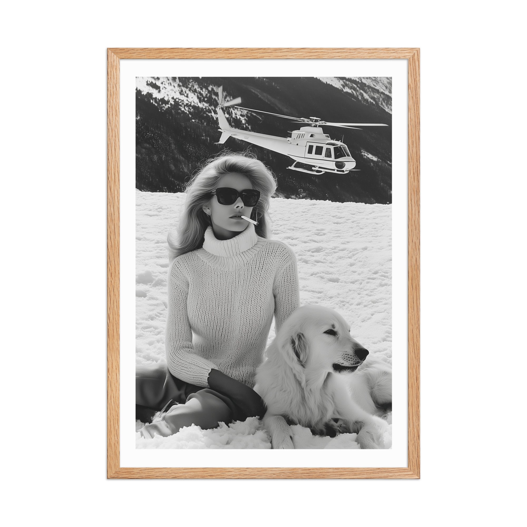 Framed black and white photo of a woman with a dog in the snow, helicopter in the background.