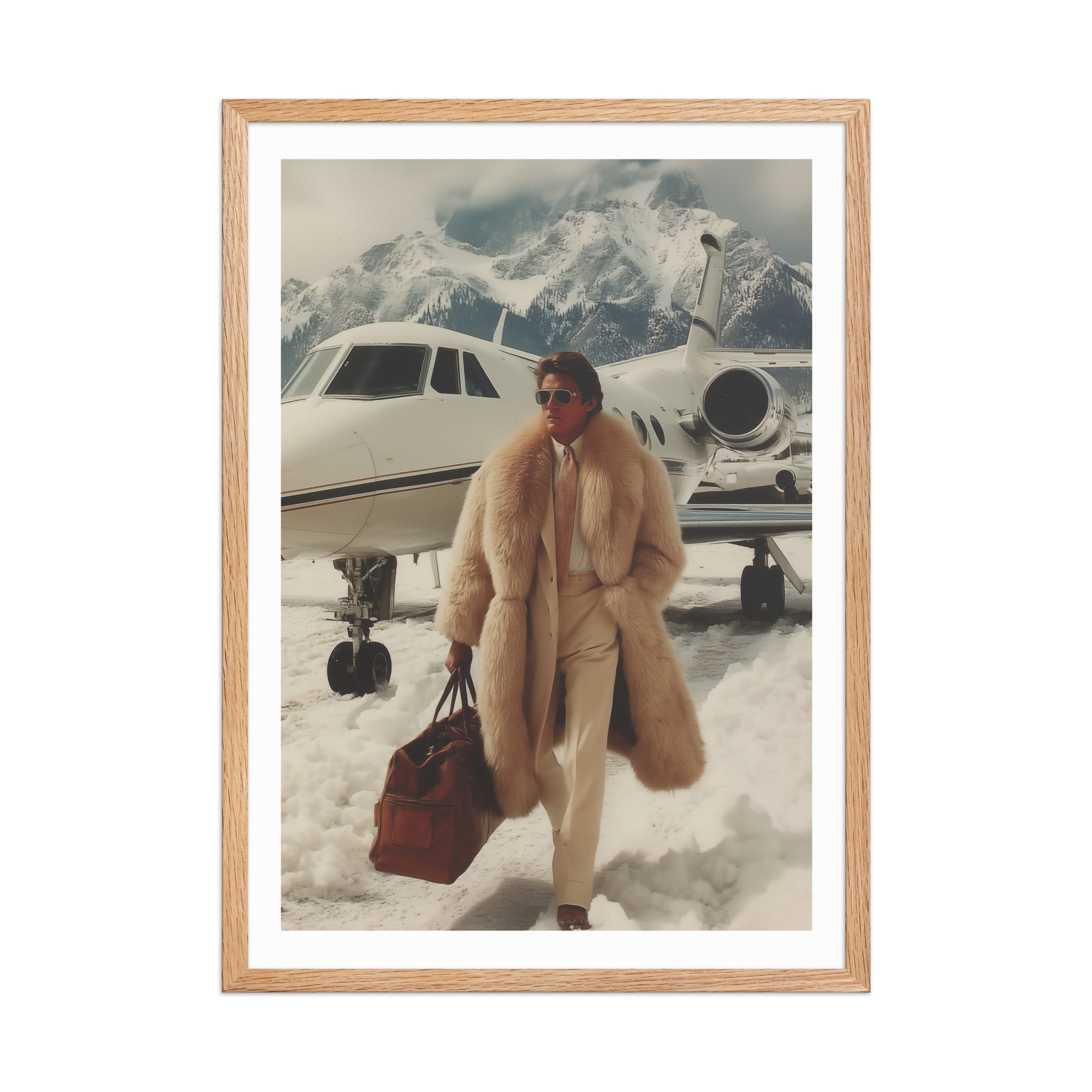 Framed photo of a person in a fur coat standing in front of a snow-covered airplane with swiss mountains in the background.