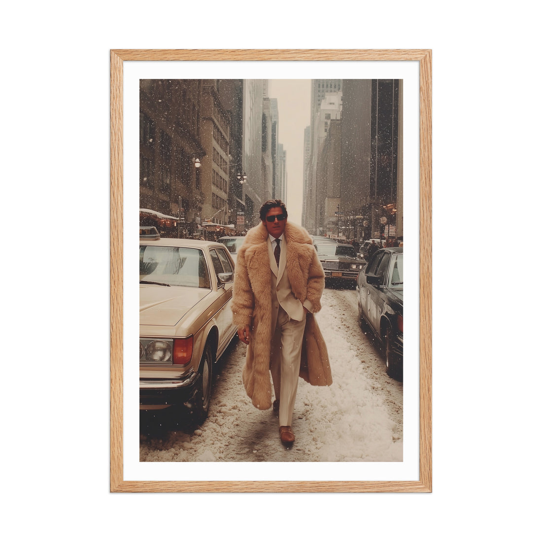 Framed photo of a man in a fur coat walking down a snowy city street.