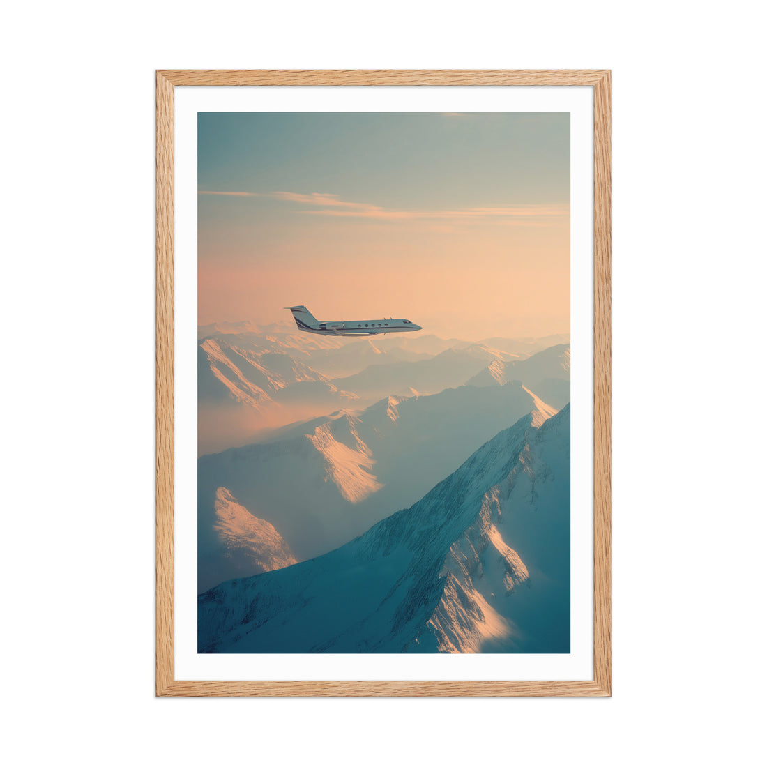 Framed artwork of an airplane flying over mountains with a wooden frame.