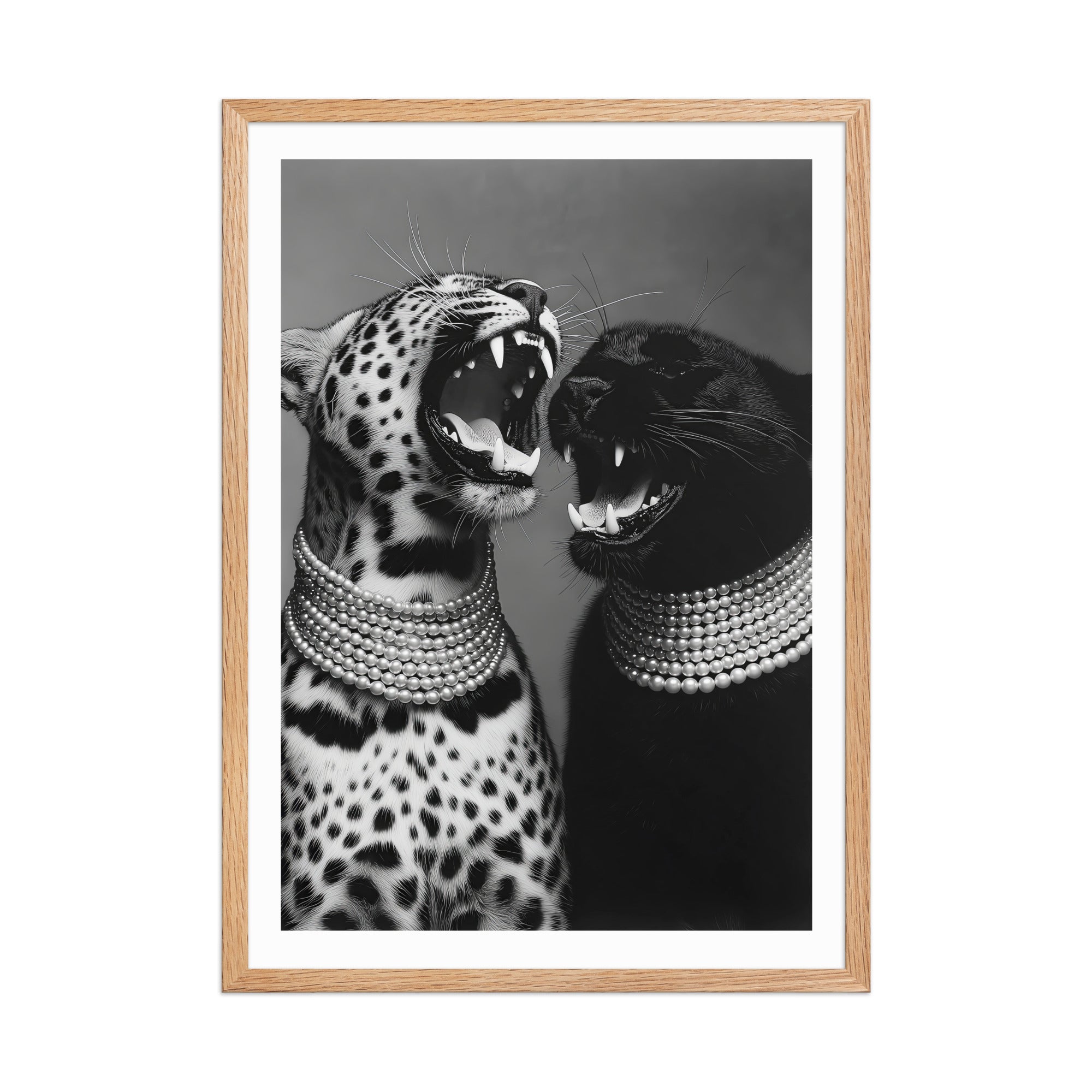 Framed artwork of two leopards wearing pearl necklaces on a gray background