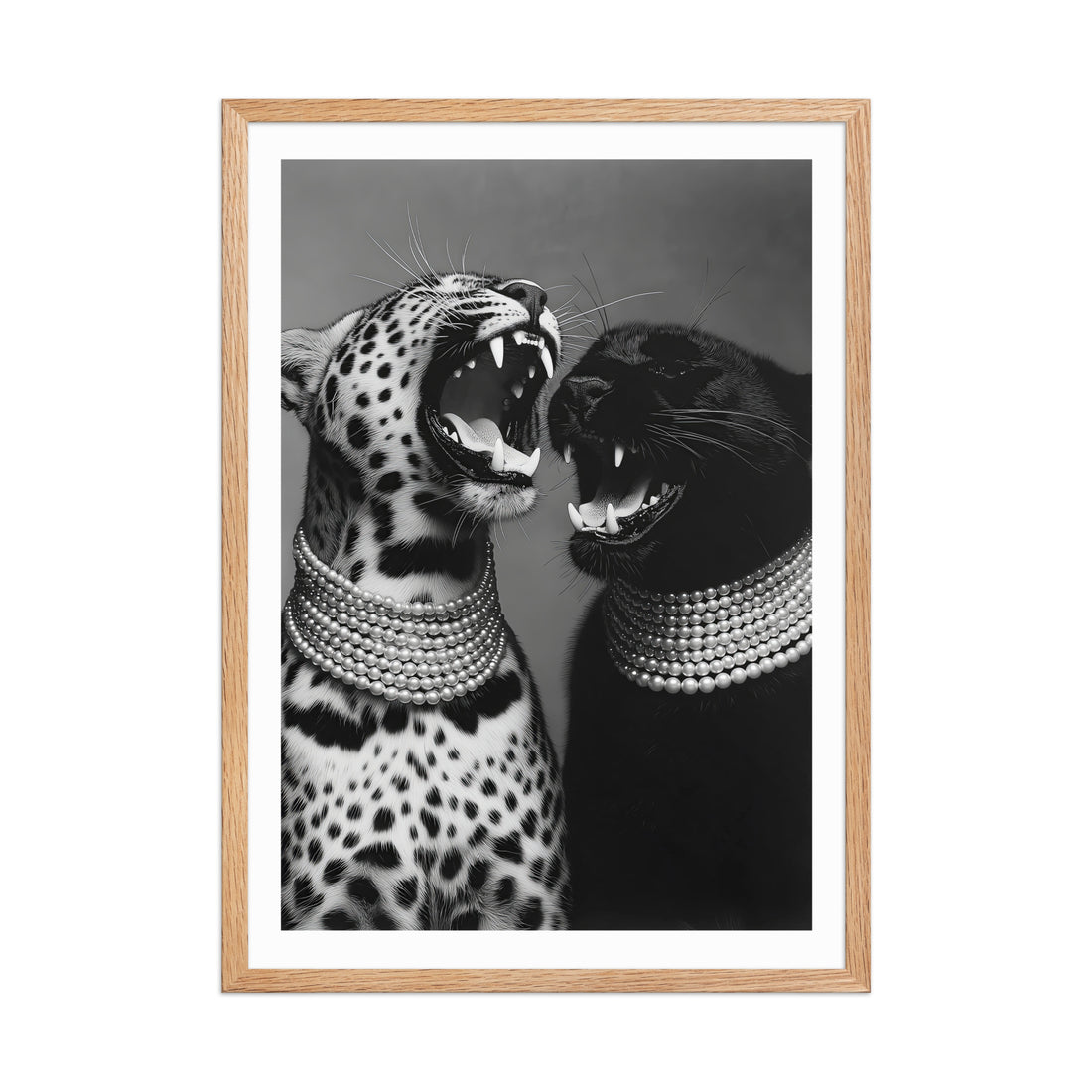 Framed artwork of two leopards wearing pearl necklaces on a gray background