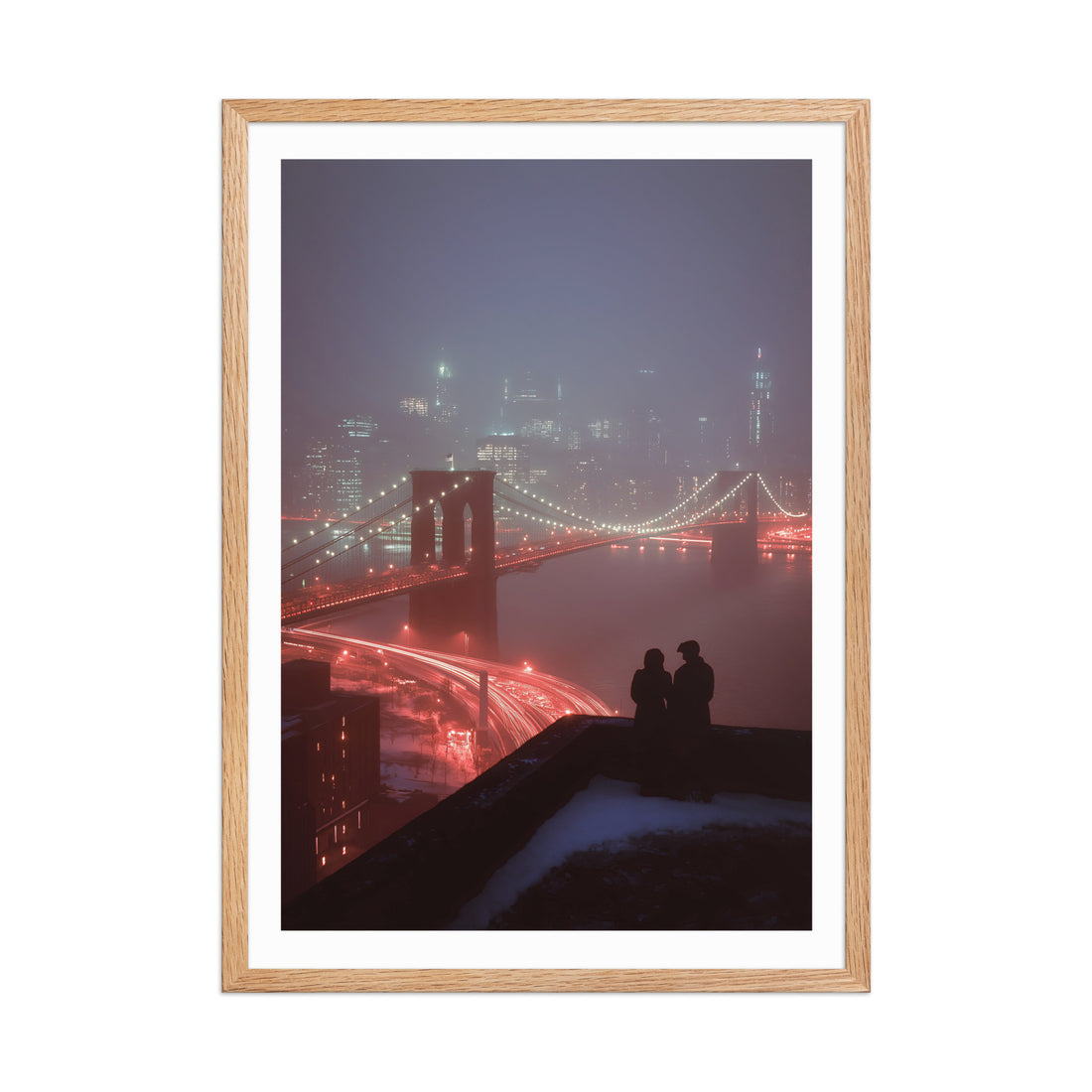 Framed artwork of a cityscape with Brooklyn Bridge and two silhouetted figures, likely New York City at night.