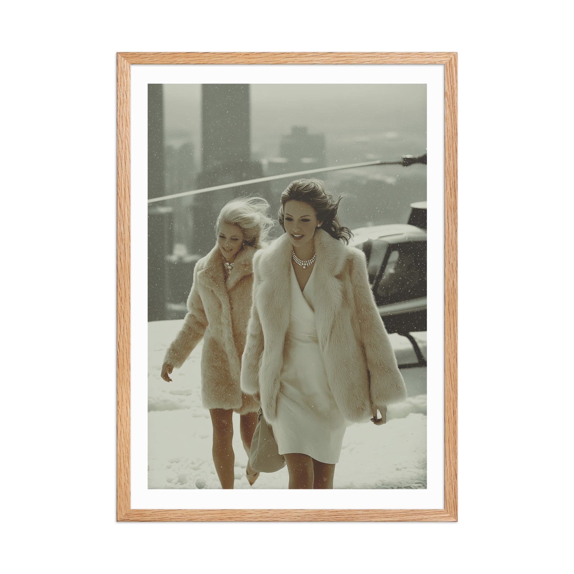 Two women in winter fur coats walking outdoors in the snow, framed with a wooden border.