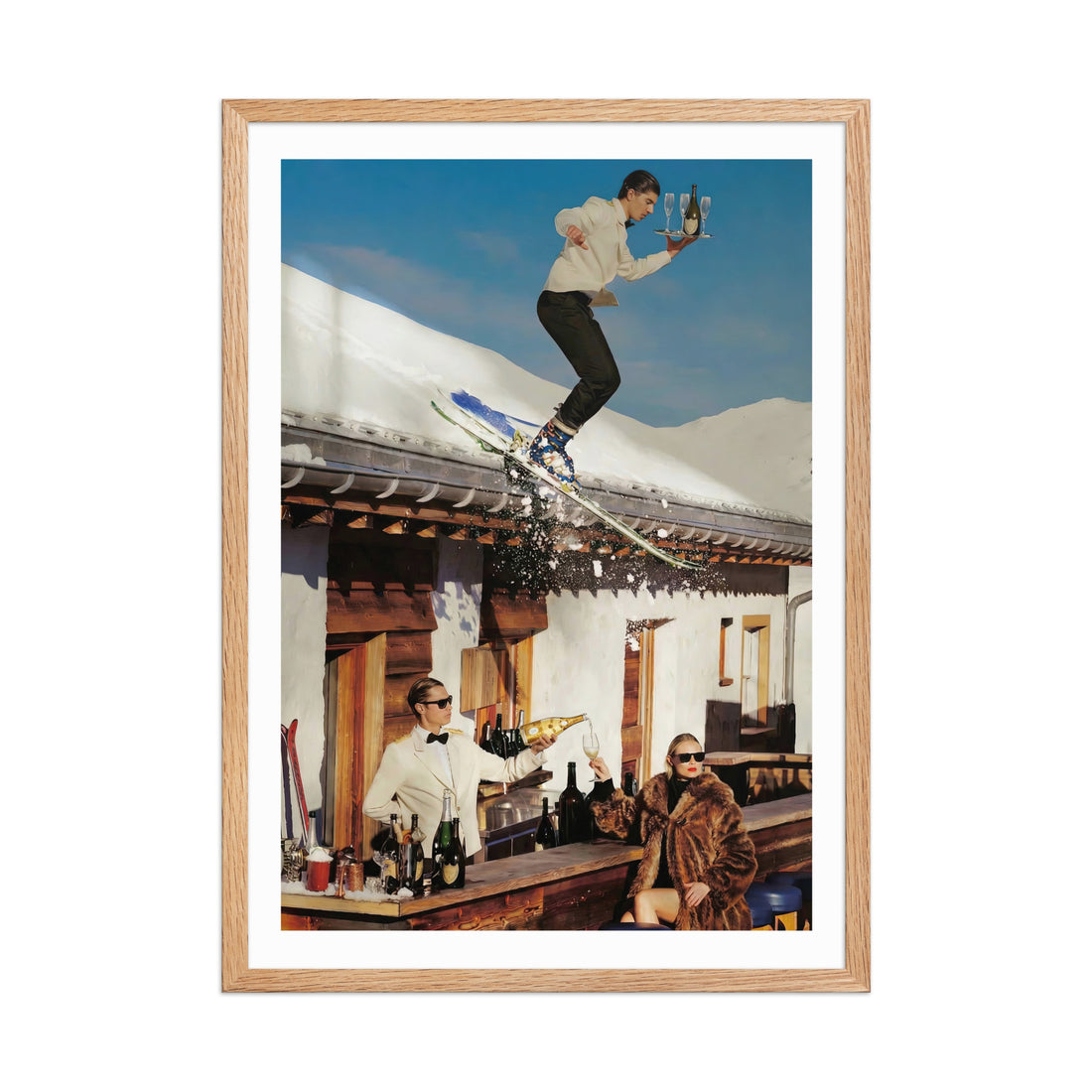 Framed photo of a person on skiis with a bar scene in the background in Gstaad, Switzerland.
