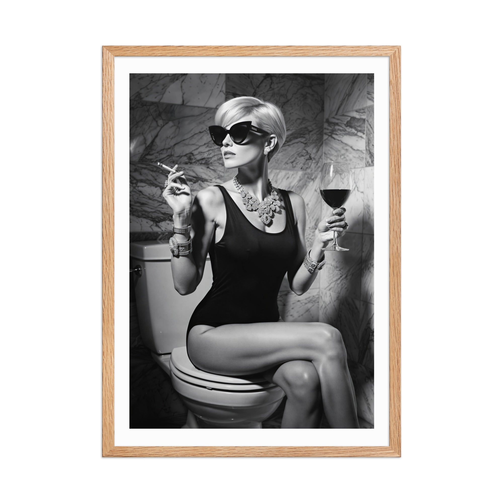 Framed black and white art print of a woman sitting on a toilet with sunglasses and a glass of wine.