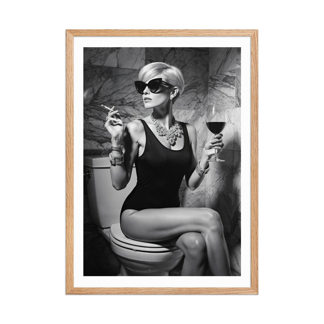 Framed black and white art print of a woman sitting on a toilet with sunglasses and a glass of wine.