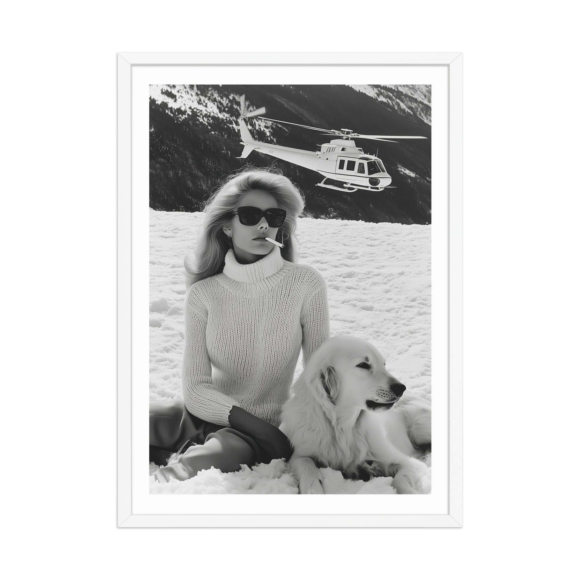 Black and white photo of a woman sitting with a dog in the snow, helicopter in the background