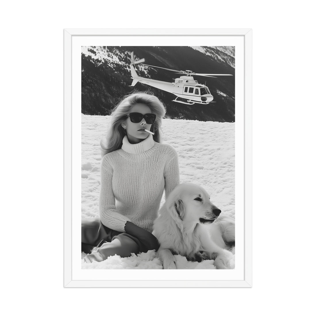 Black and white photo of a woman sitting with a dog in the snow, helicopter in the background