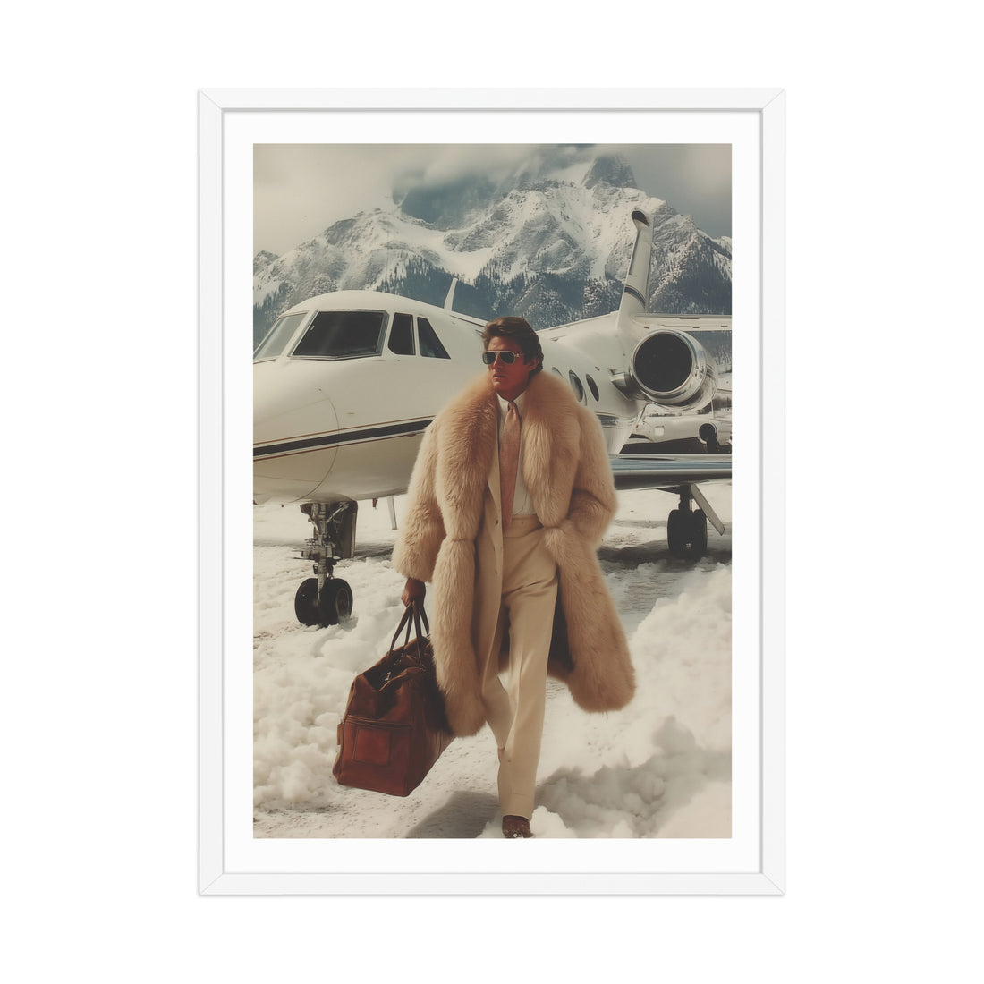 Person in a fur coat standing in front of a snow-covered private airplane with swiss mountains in the background