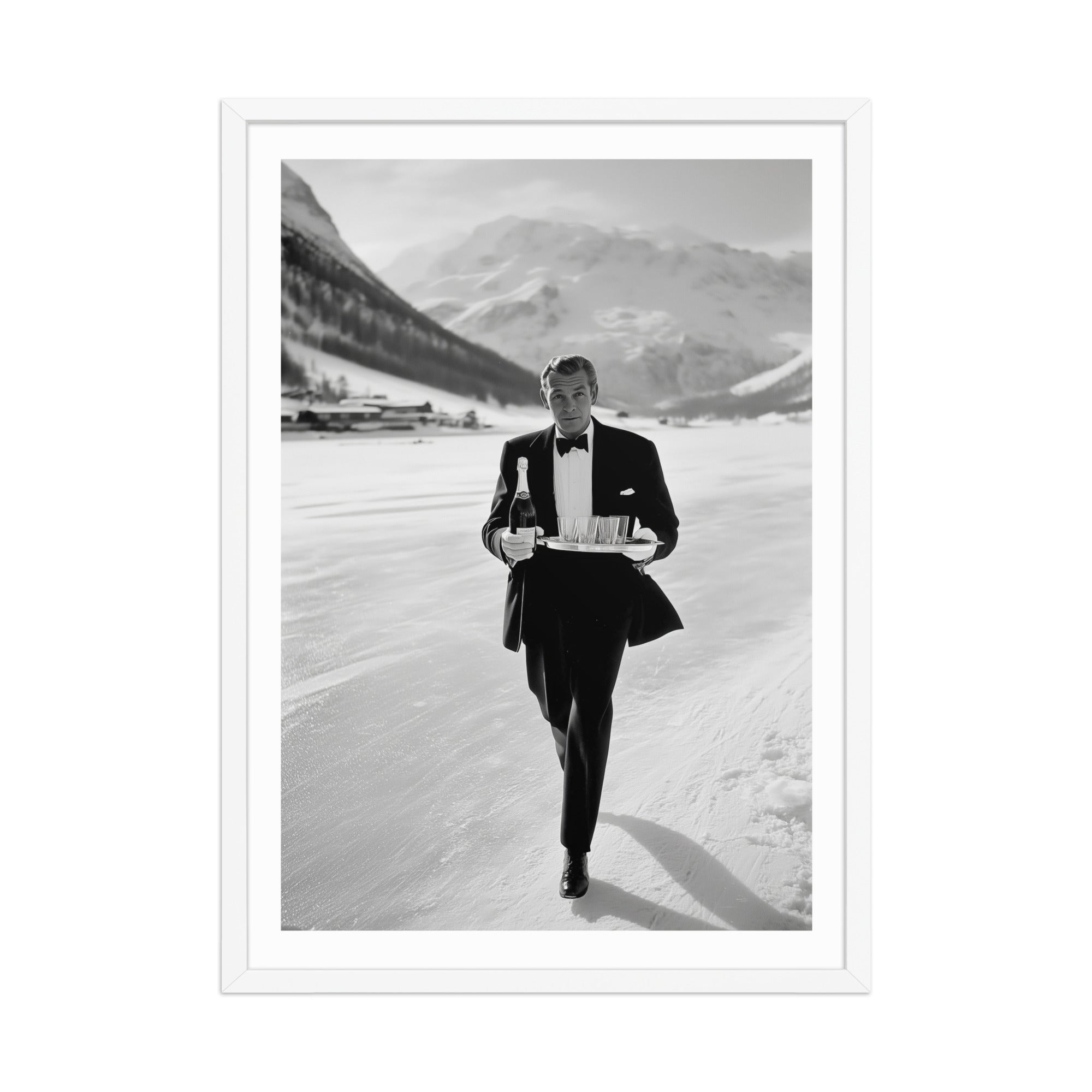 Man in a tuxedo walking with a tray in a snowy landscape