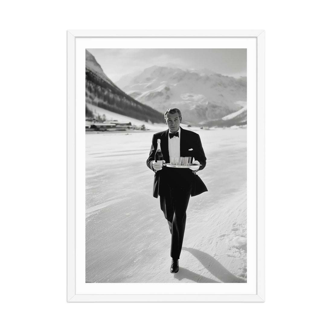 Man in a tuxedo walking with a tray in a snowy landscape