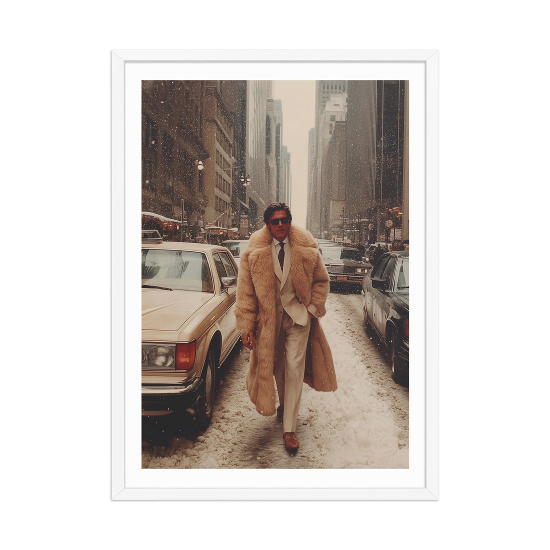 Man in a fur coat walking down a snowy city street with cars and tall buildings in the background.