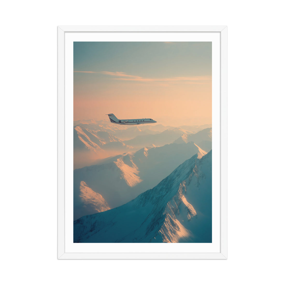 Airplane flying over snow-capped mountains with a pink and blue sky.
