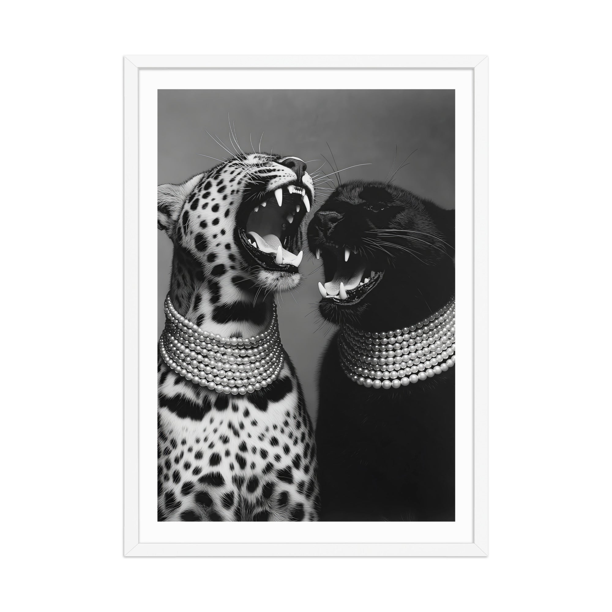 Framed black and white artwork of two leopards wearing pearl necklaces.
