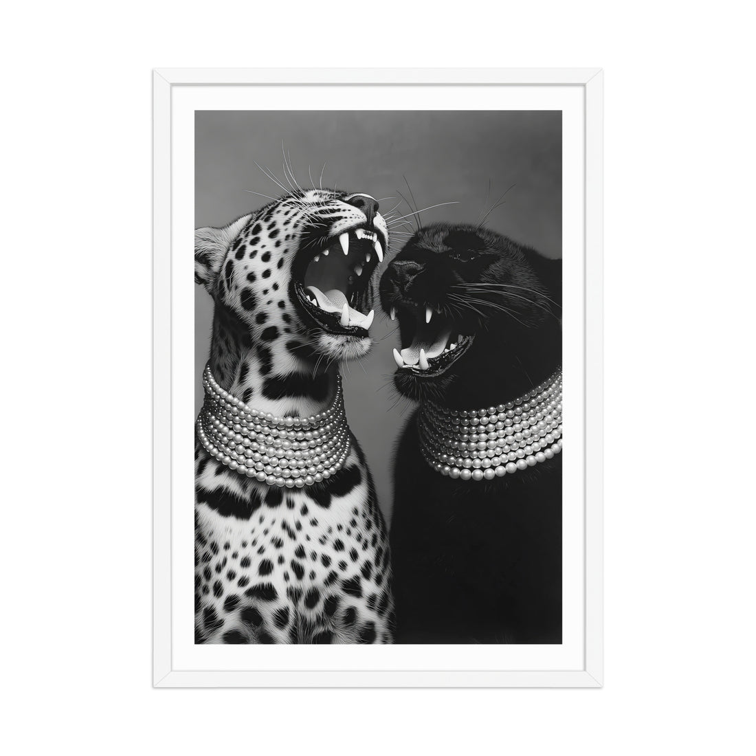 Framed black and white artwork of two leopards wearing pearl necklaces.