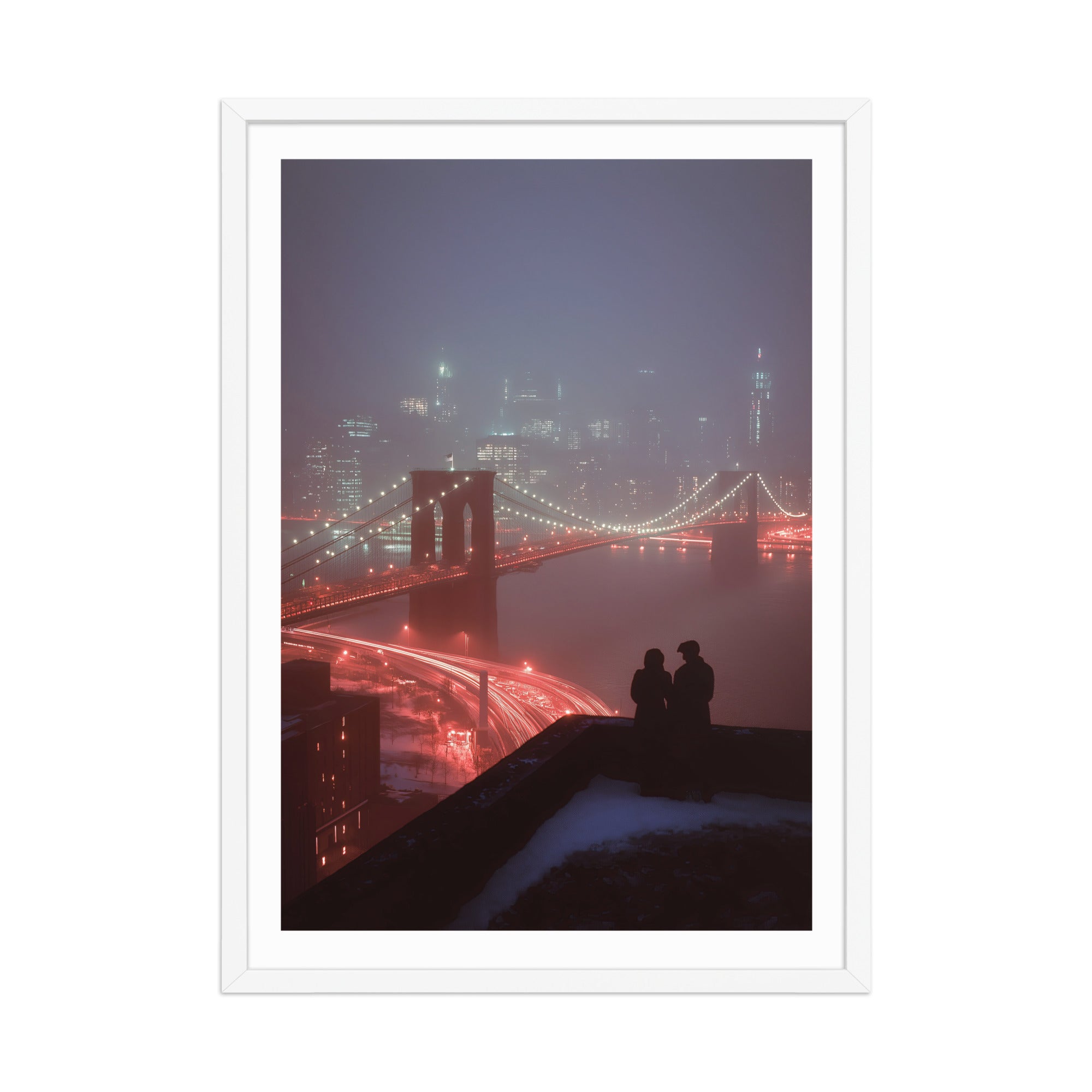 Framed artwork of a cityscape with Brooklyn Bridge and two silhouetted figures, likely at night.