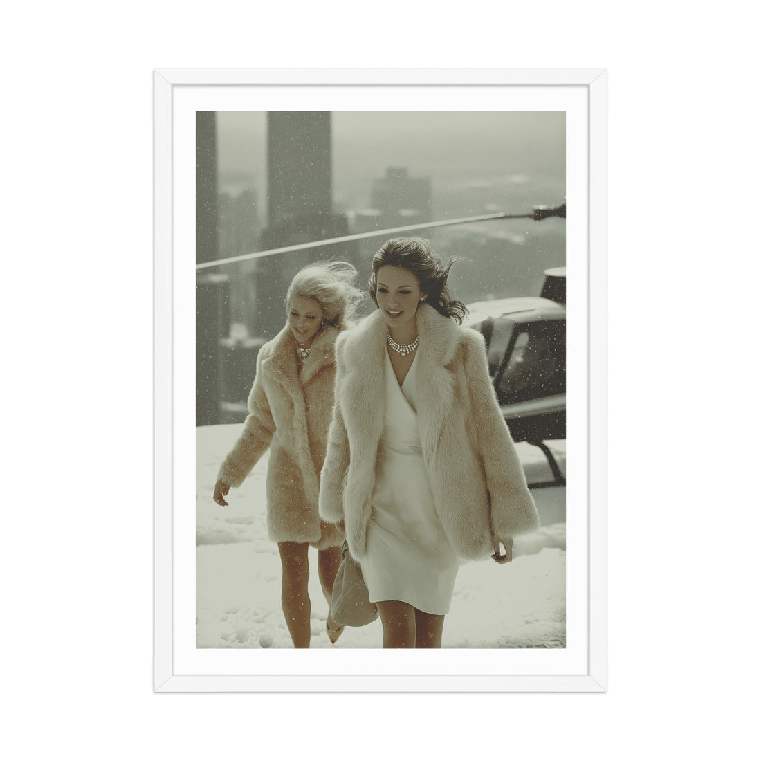 Two women walking outdoors in winter attire with a helicopter in the background.