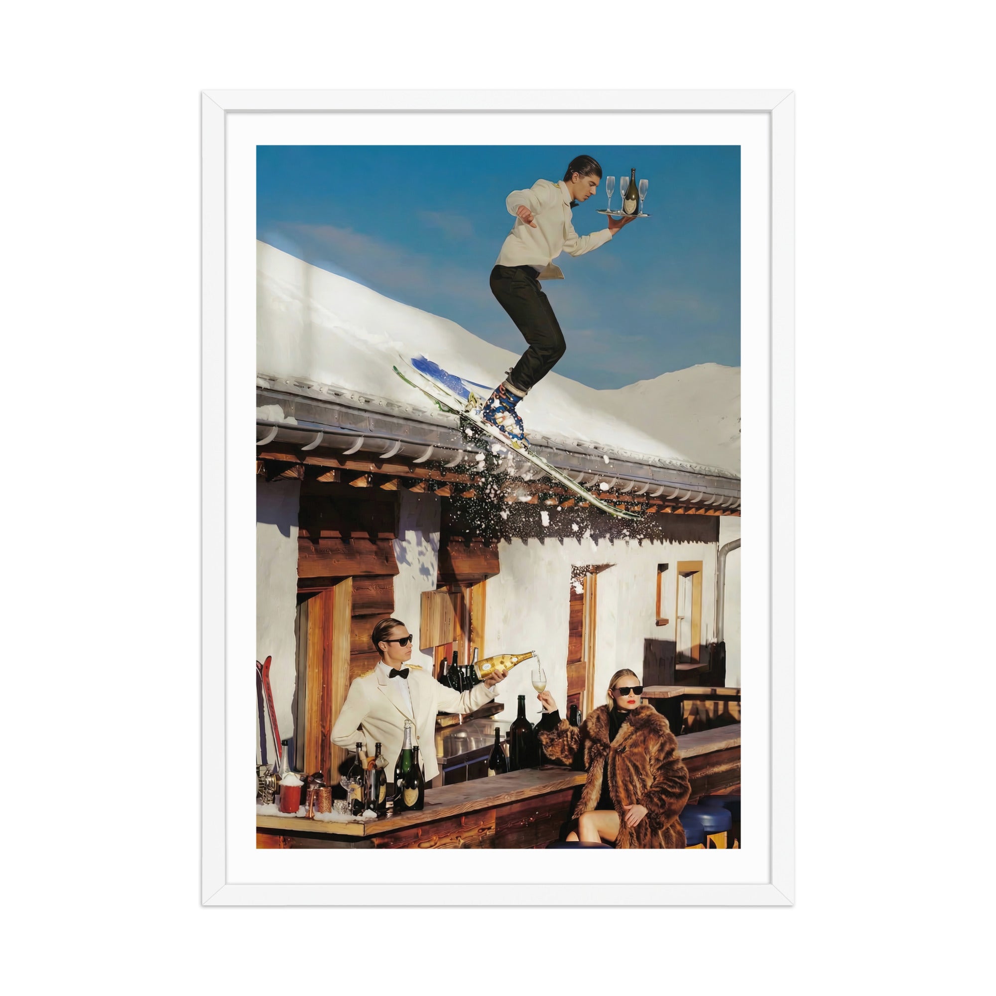 Person skiing with drinks on a roof with a bar scene with after ski below