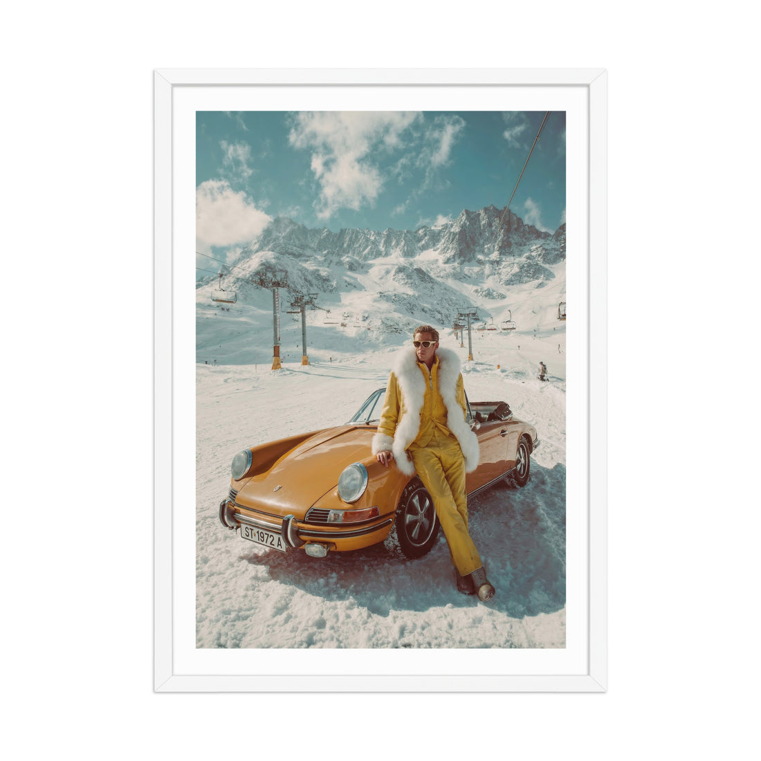 Person in a yellow outfit sitting next to a vintage car in a snowy mountain landscape