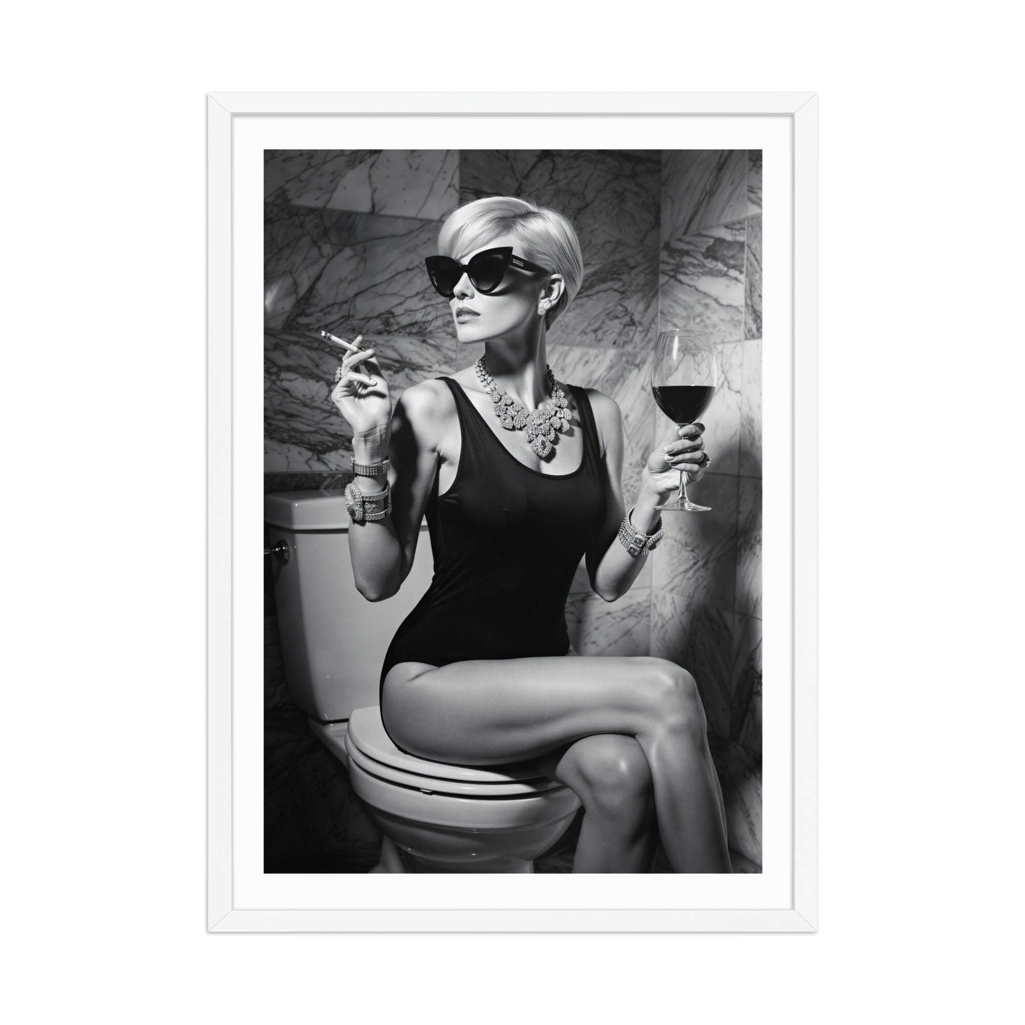 Framed black and white art print of a woman sitting on a toilet with a glass of wine and a cigarette.