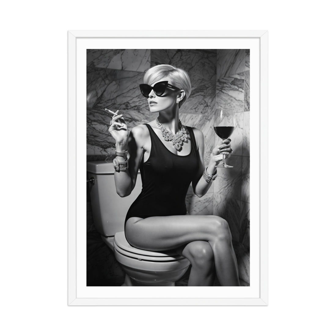 Framed black and white art print of a woman sitting on a toilet with a glass of wine and a cigarette.