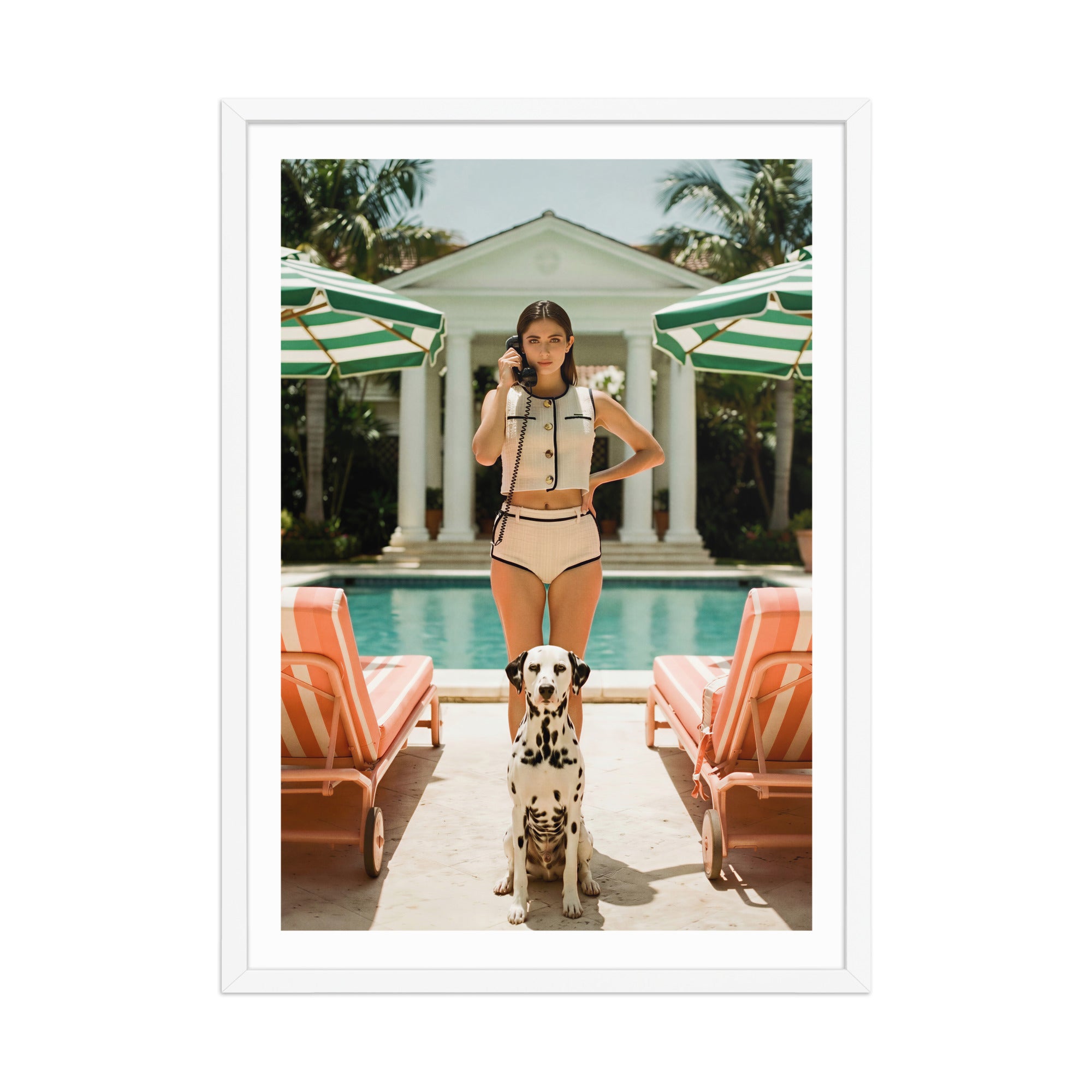 Woman in swimsuit with a dog by a poolside with lounge chairs and umbrellas.