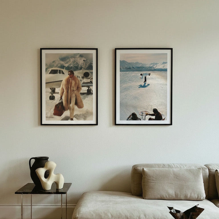 Living room with beige sofa, coffee table, and wall art