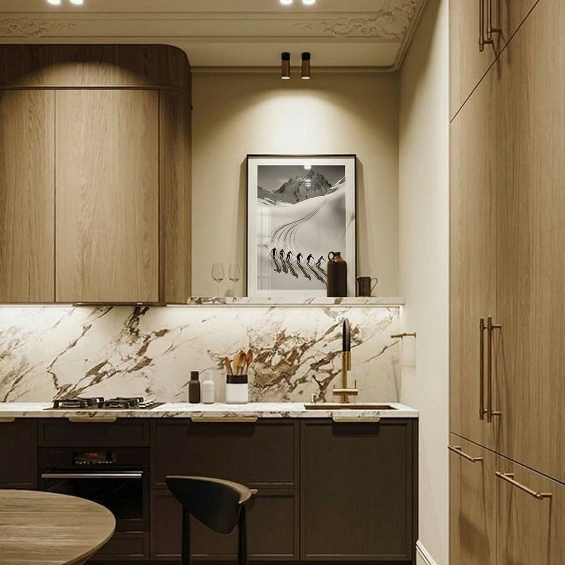Modern kitchen with wooden cabinets, marble backsplash, and a framed picture on the wall.