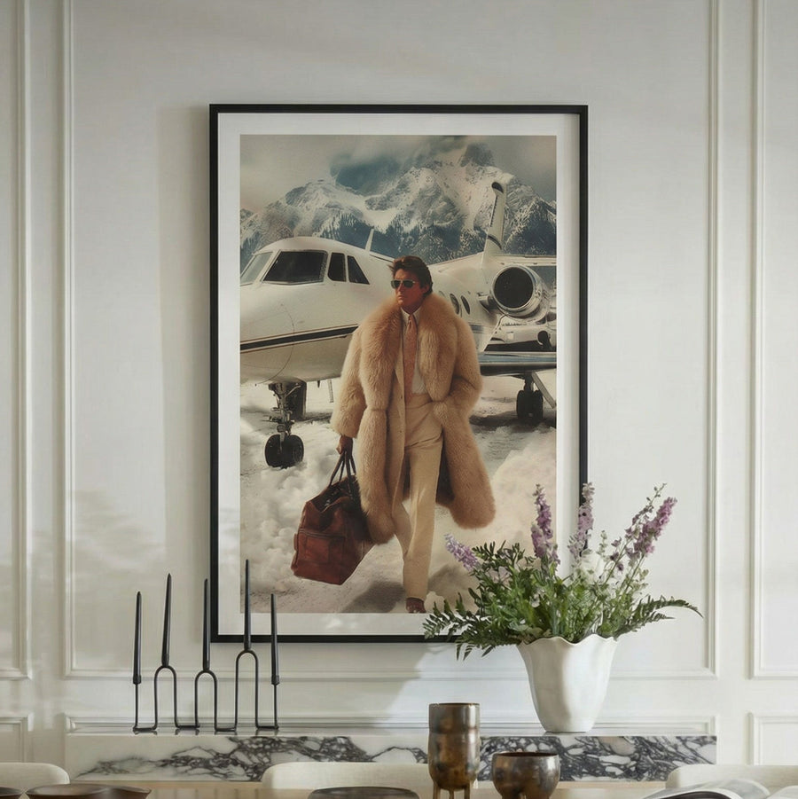 Dining room with a large framed picture on the wall, featuring a person in a fur coat with a car in the background.