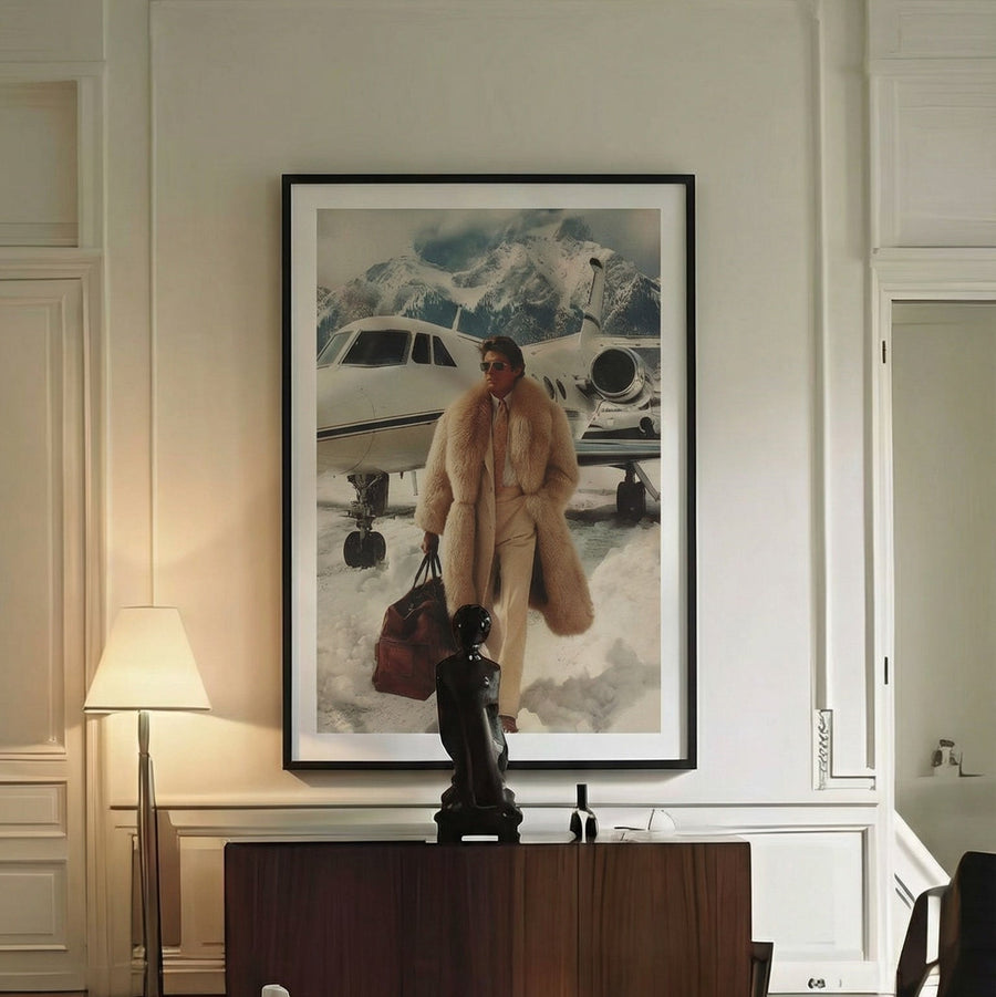 Modern living room with a large painting on the wall, wooden desk, and white sofa.