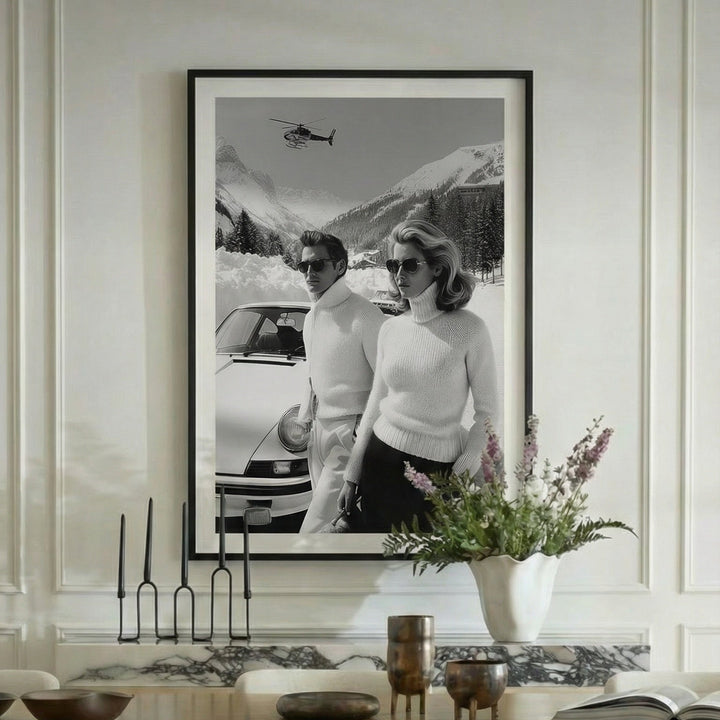 Dining room with a framed black and white photograph of a couple on the wall.