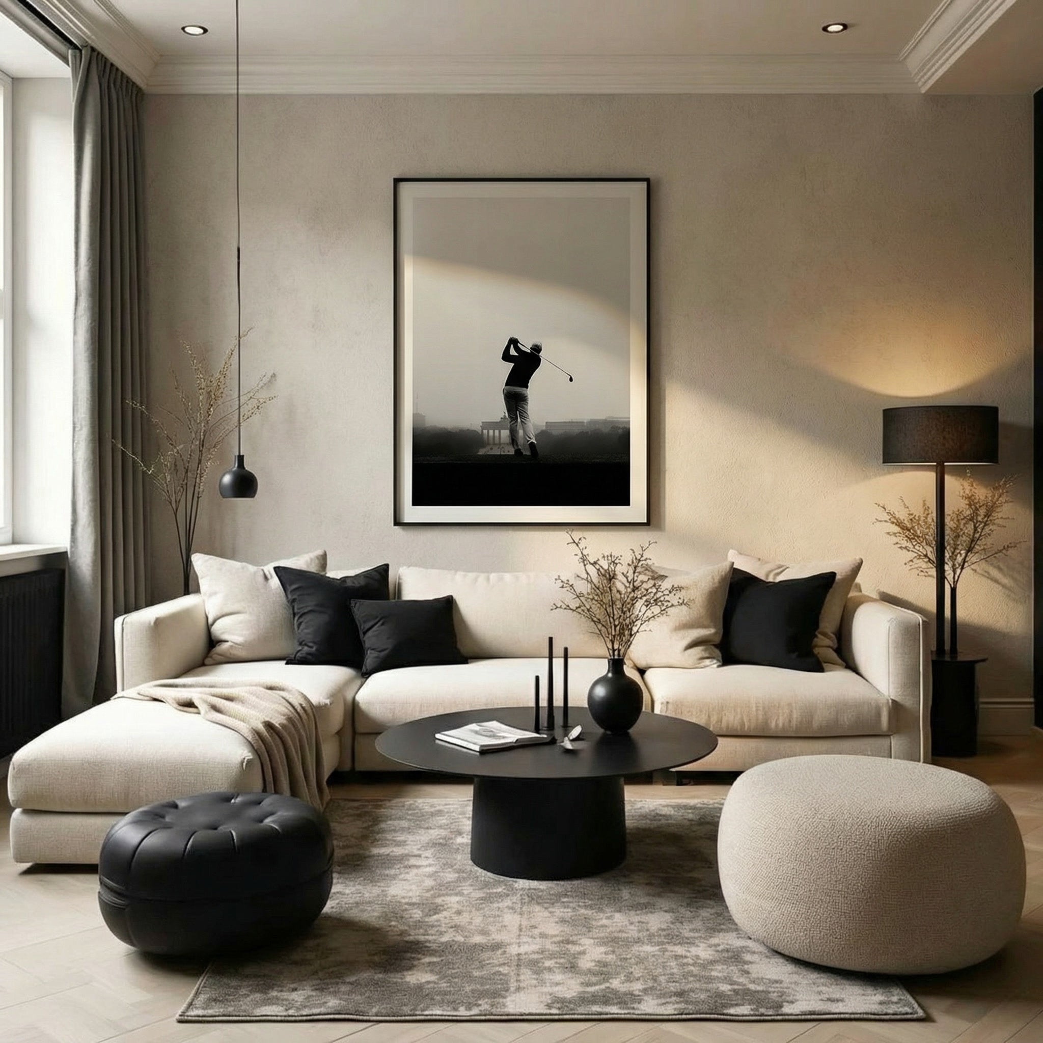 Modern living room with a sectional sofa, coffee table, and decorative elements.
