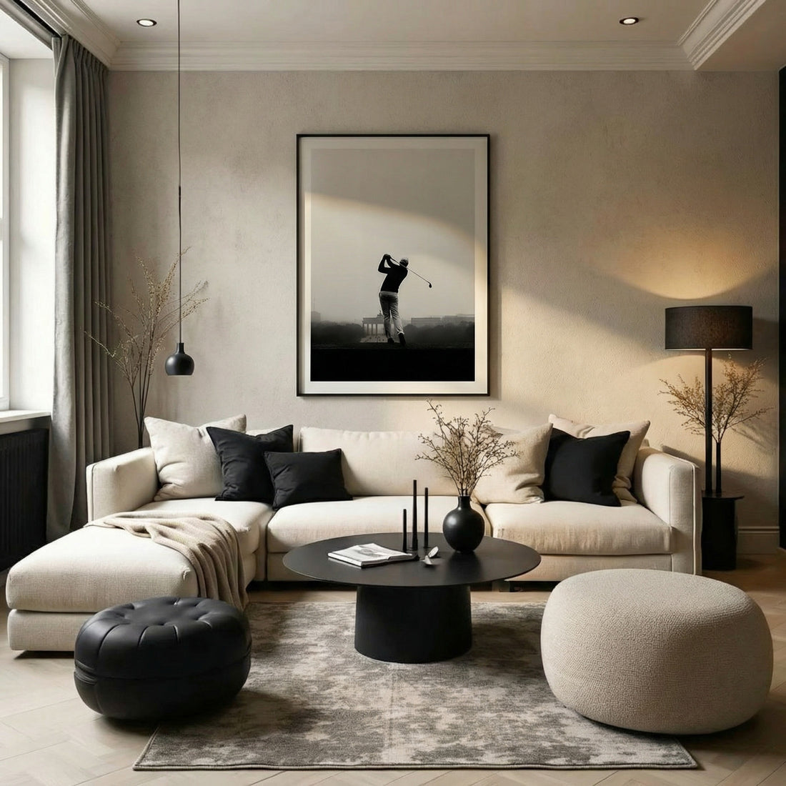 Modern living room with a sectional sofa, coffee table, and decorative elements.