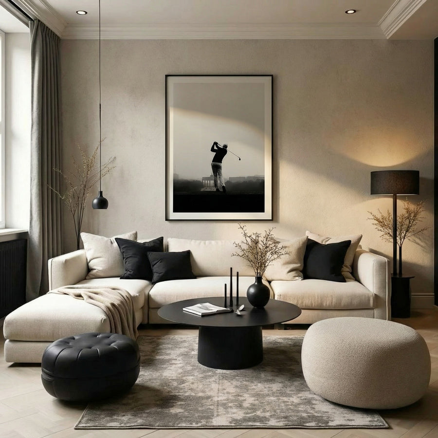 Modern living room with a sectional sofa, coffee table, and decorative elements.