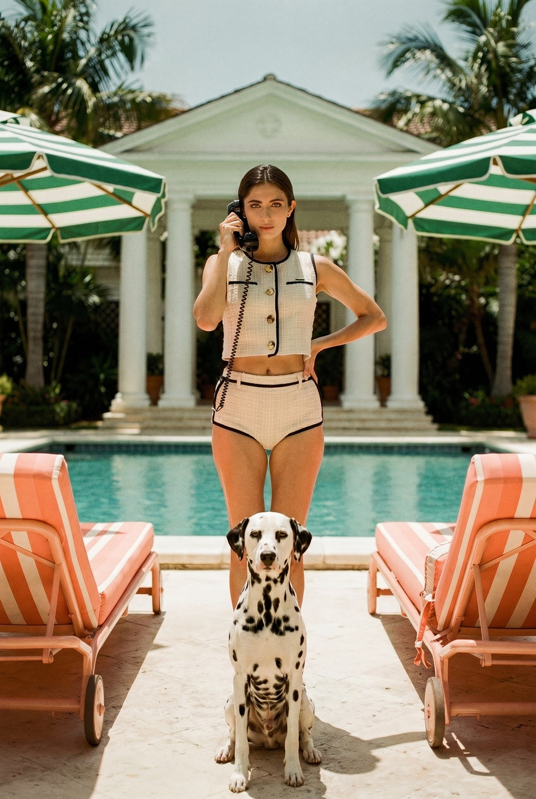 Woman in a swimsuit standing next to a Dalmatian dog by a pool with lounge chairs and umbrellas in the background.
