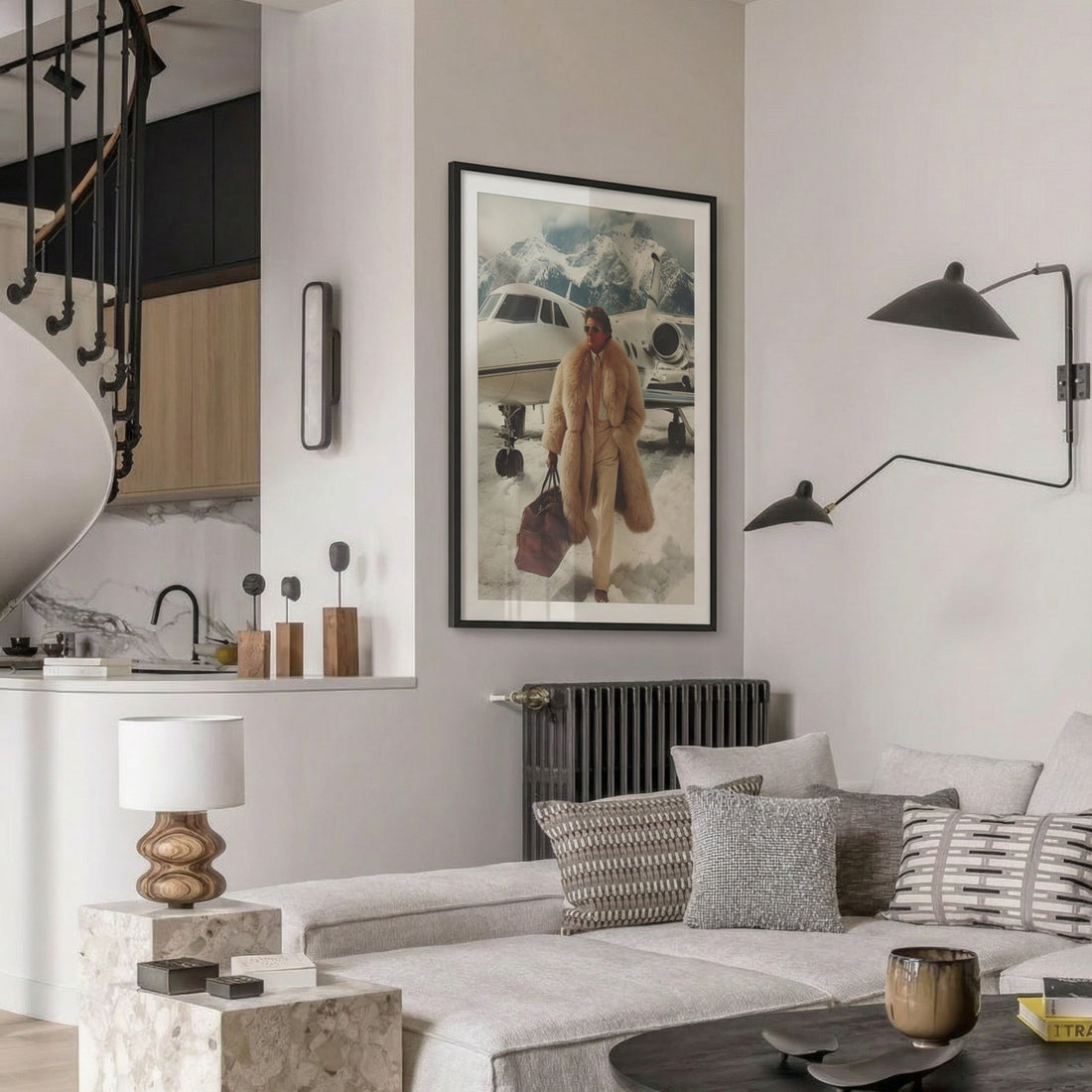 Modern living room with a gray sofa, coffee table, and decorative items.